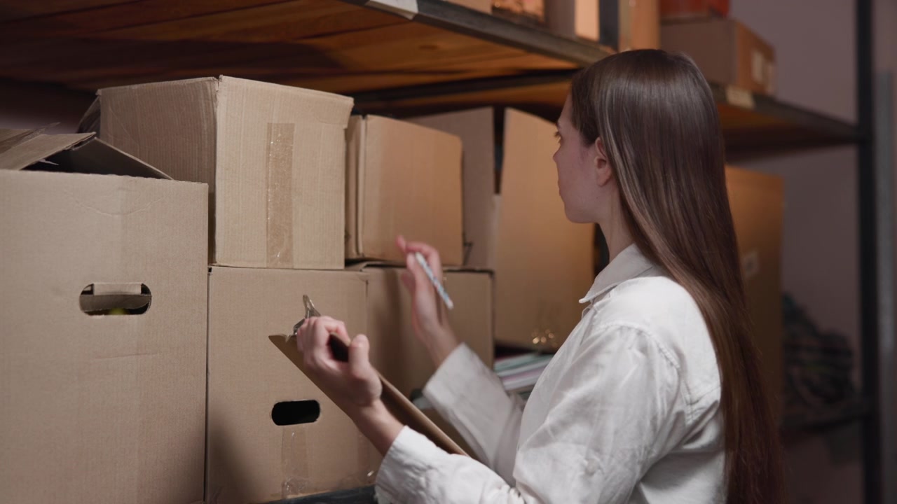 A young woman in a white shirt stands beside stacked cardboard boxes, carefully checking parcels on shelving in a warm, dim warehouse interior