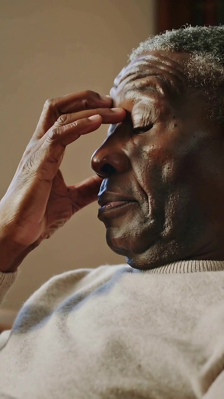 Vertical video: Rubbing nose bridge, man leaning back on sofa at home for relief in knit sweater