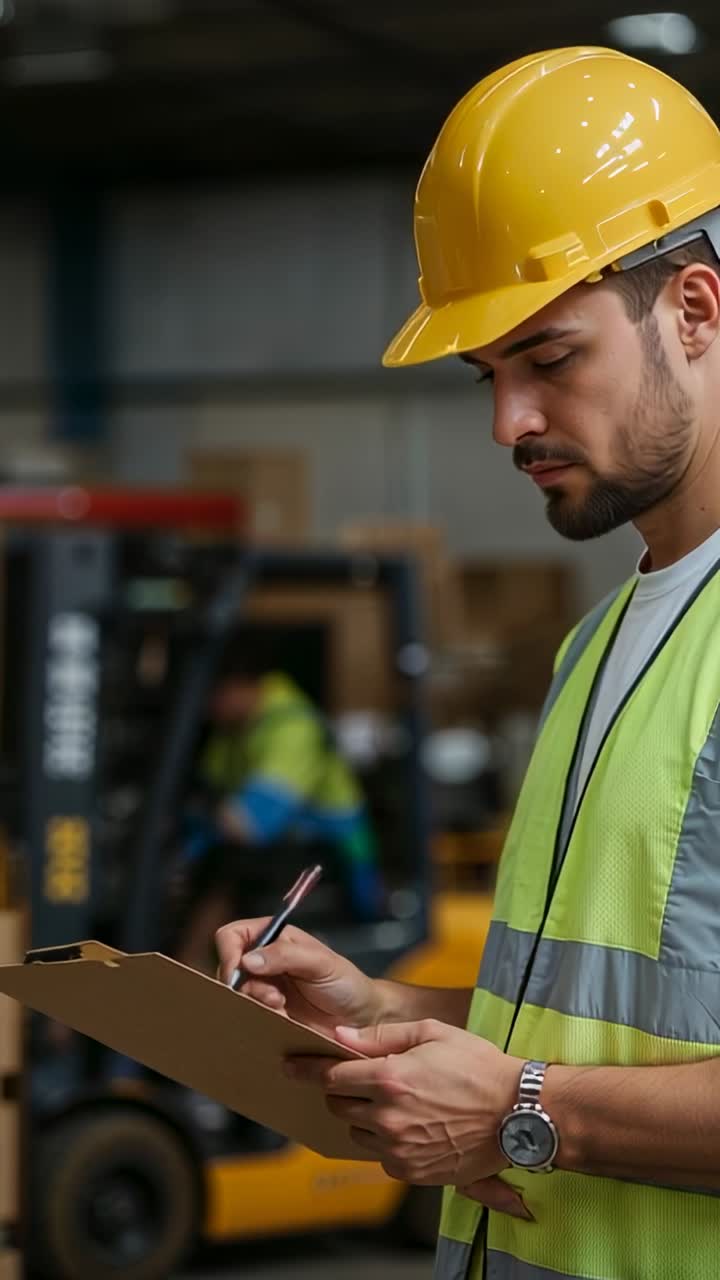 Vertical video: Writing on clipboard, supervisor smiling with forklift in warehouse, copy space