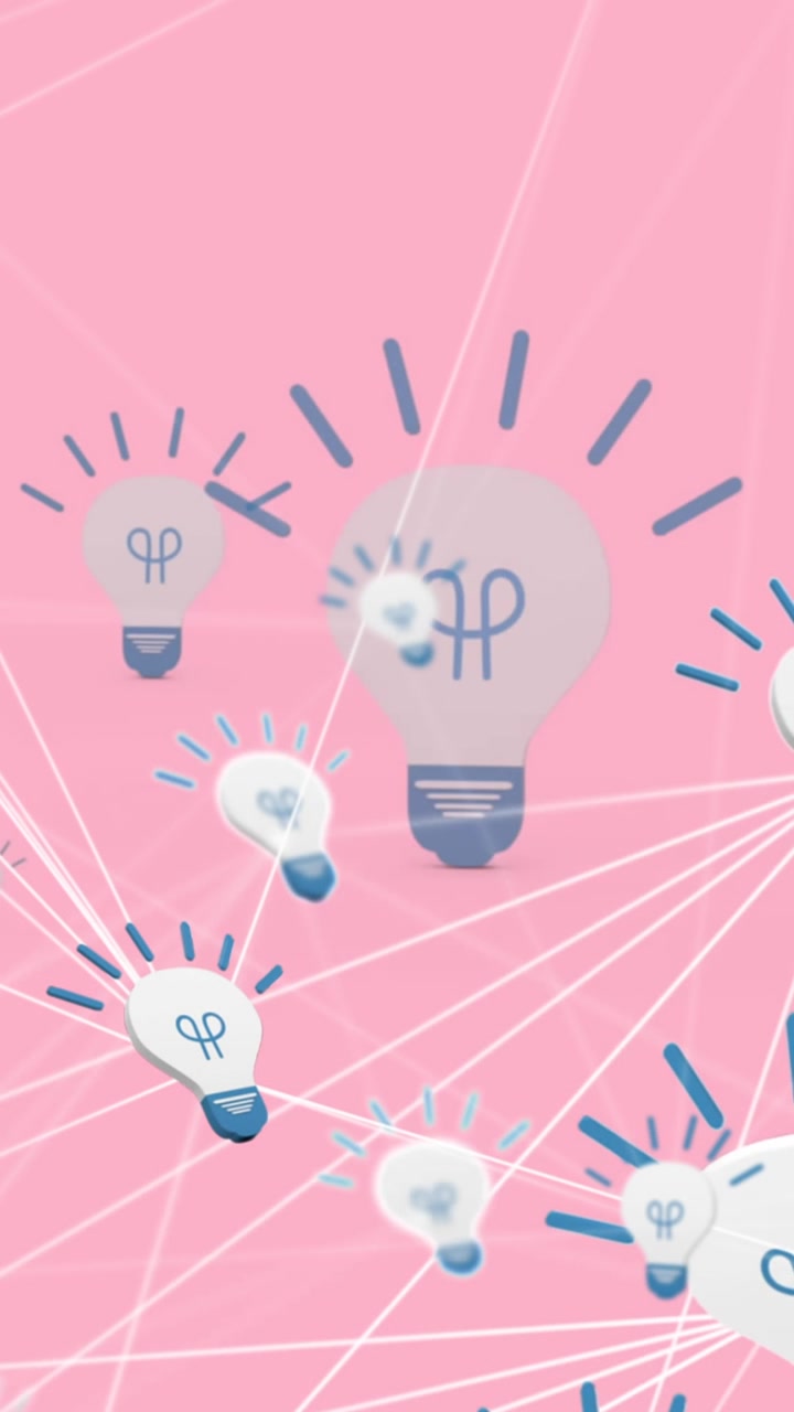 Animazione di una rete di connessioni con icone di lampadine su sfondo rosa.