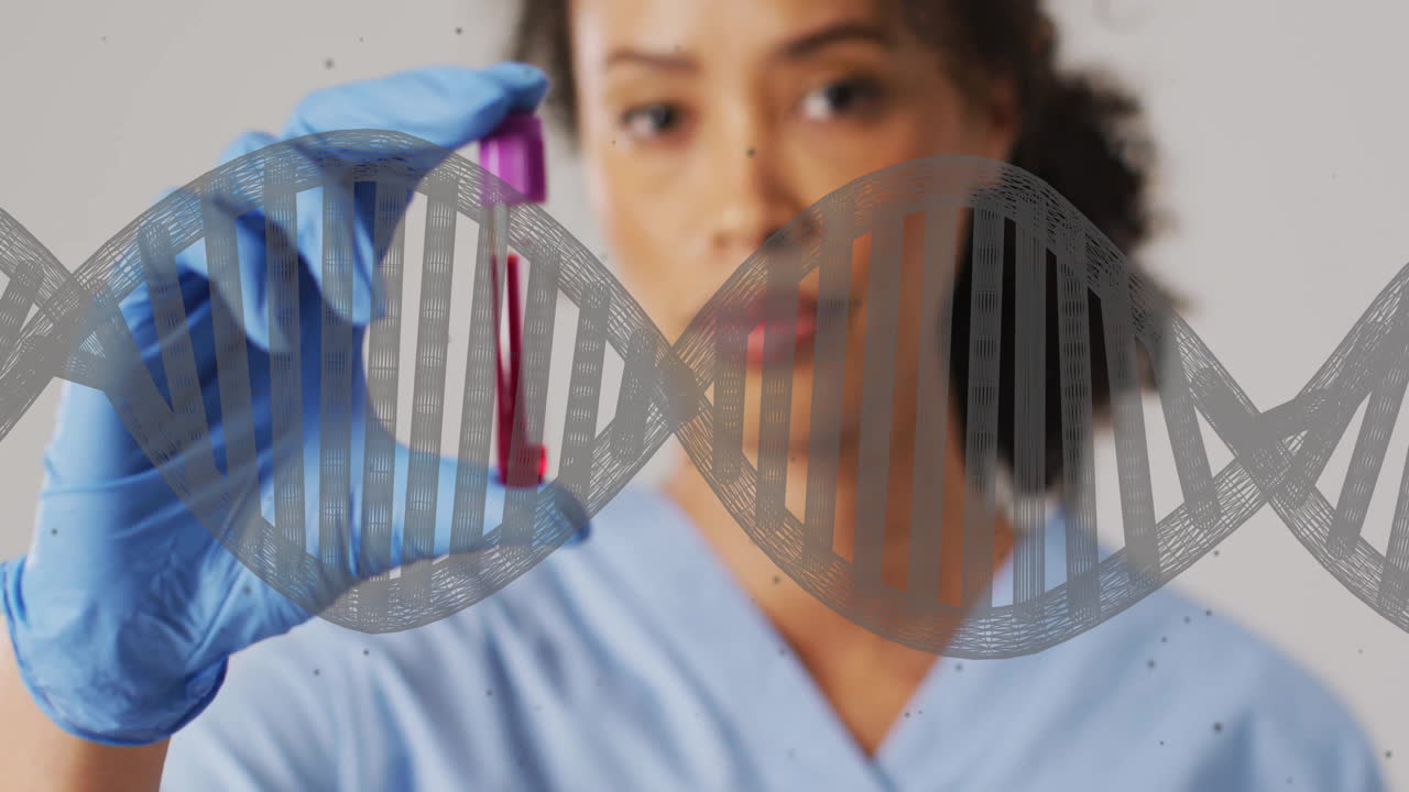 Animation of dna strand and biracial female doctor with vial on white background