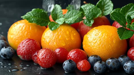 fresh fruits with water droplets arranged on a dark surface