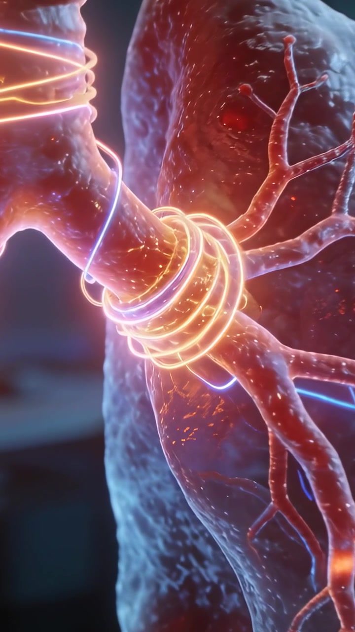 Vertical video: Lighting coils cueing right lung pulsing wire winding bronchus in lab showing flow