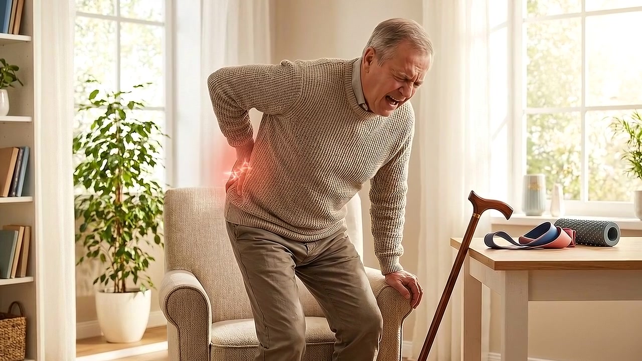 Older man holding painful lower back while standing indoors in medical view