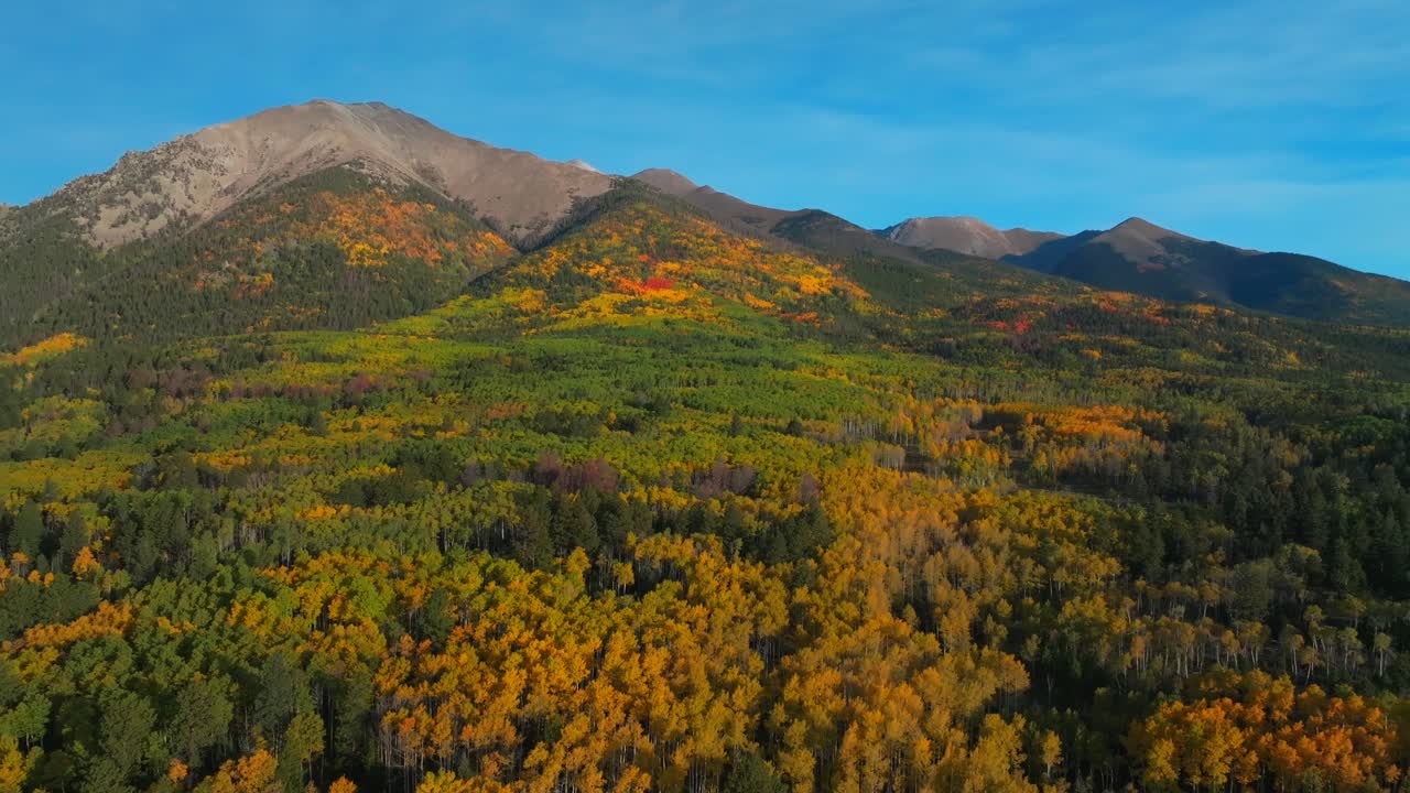 Mt Mount Shavano Sawatch Range Colligate Peaks sunny afternoon Fall Autumn aerial drone Colorado trail hiking clear blue skies Tabeguache Peak Rocky Mountains Mount Princeton Antero backwards motion
