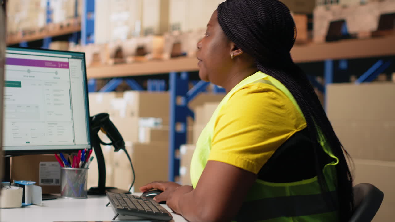 Vertical Video African american worker processing e-commerce cargo orders in warehouse setting