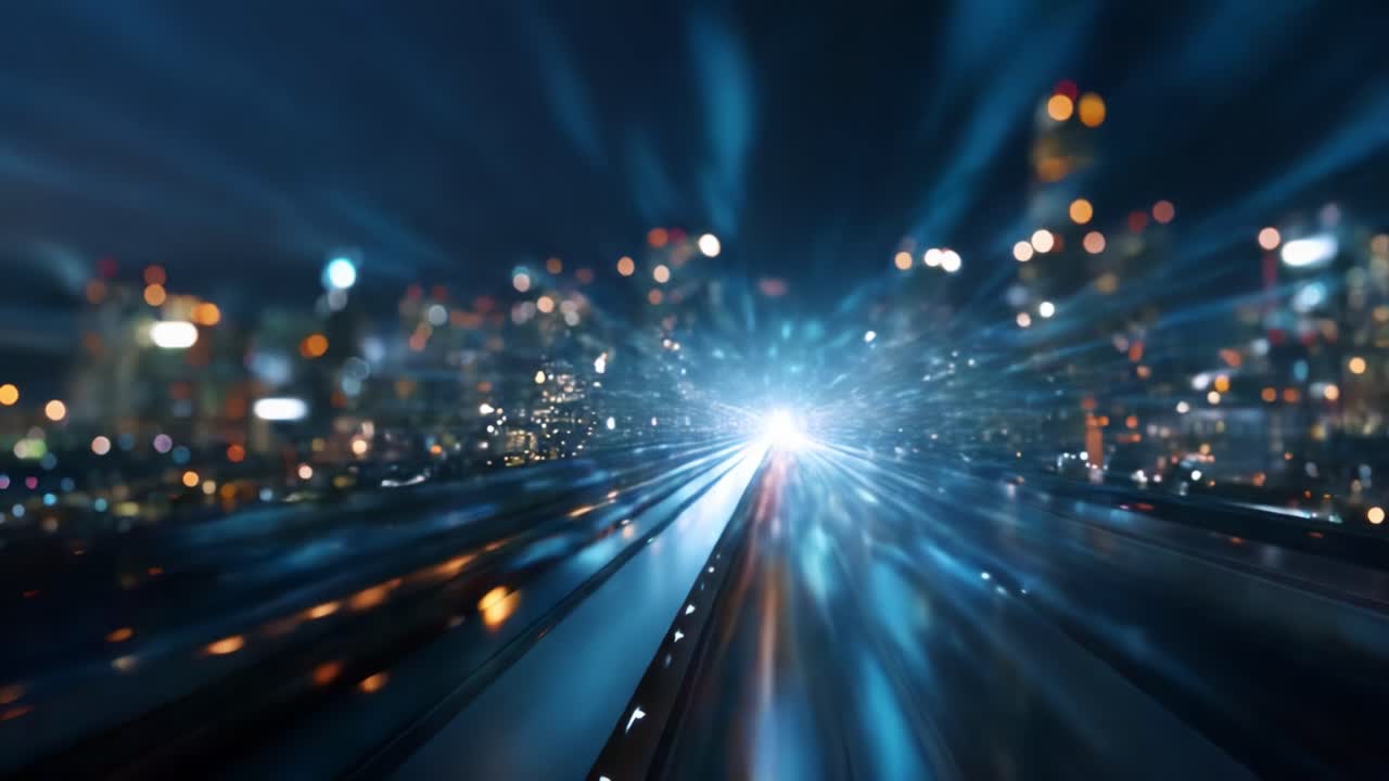 Scie luminose dinamiche che creano un paesaggio urbano futuristico di notte con bokeh colorato ed effetti radiosi dati dal movimento e dall'energia ad alta velocità