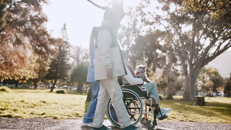 Nurse,-senior-woman-and-wheelchair-in-park