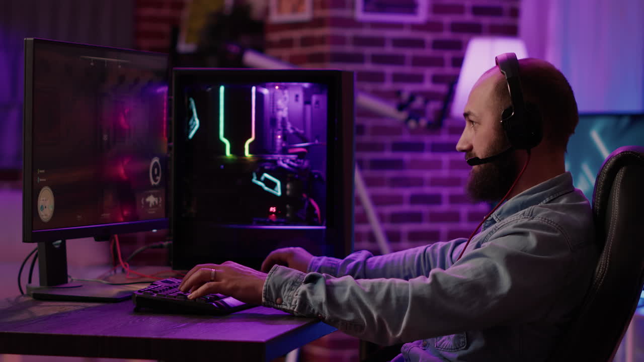 Caucasian man streaming first person shooter while explaining gameplay to subscribers