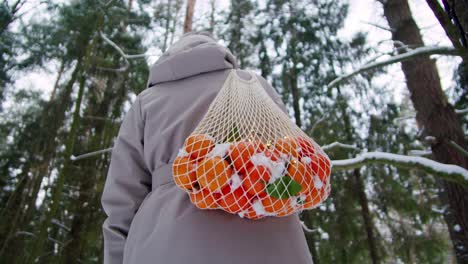 mujer llevando naranjas en una bolsa de red en un bosque nevado