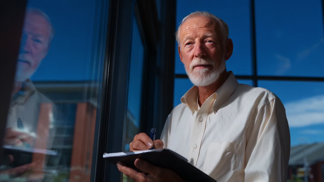 En eldre mann med hvitt hår og skjegg, engasjert i ettertenksom kontemplasjon mens han skriver notater i en notatbok, står ved siden av et stort vindu som reflekterer en klar, blå himmel, og viser en fredfull og fokusert atmosfære