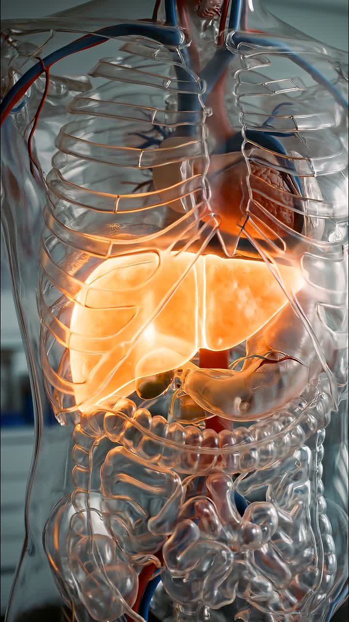 Transparent anatomical torso model showing internal organs including liver stomach and intestines in medical classroom setting