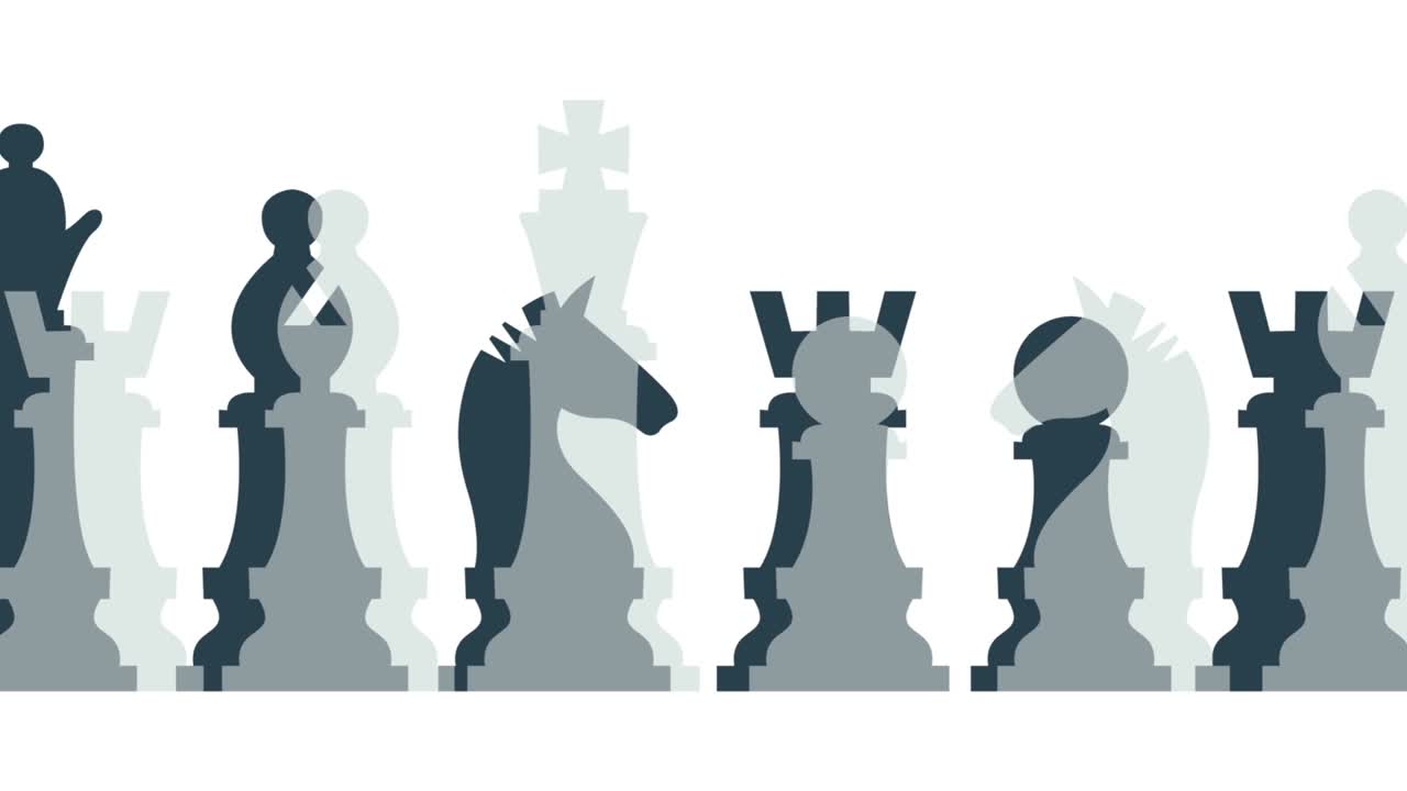 Chess game background. Chess pieces moving sideways and crossing each other. Animated illustration on seamless loop