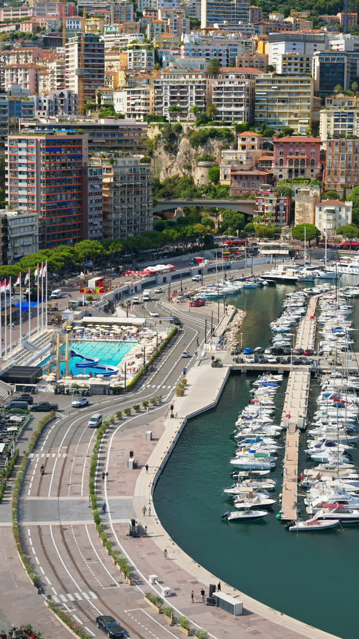 Vista di barche ormeggiate nel porto turistico di Monaco con lo skyline della città sullo sfondo. Verticale