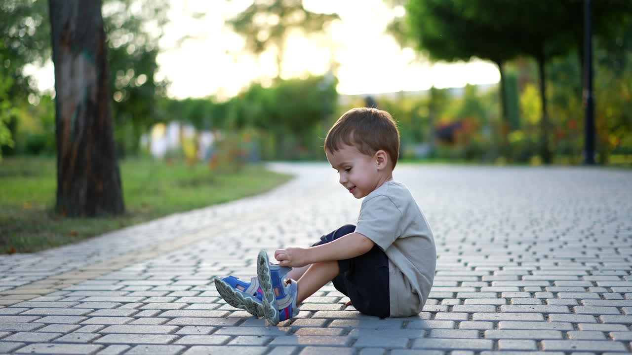 Three-year-old toddler boy sits on the paved alley in the park. Smiling kid takes off his sandal and throws it ahead.