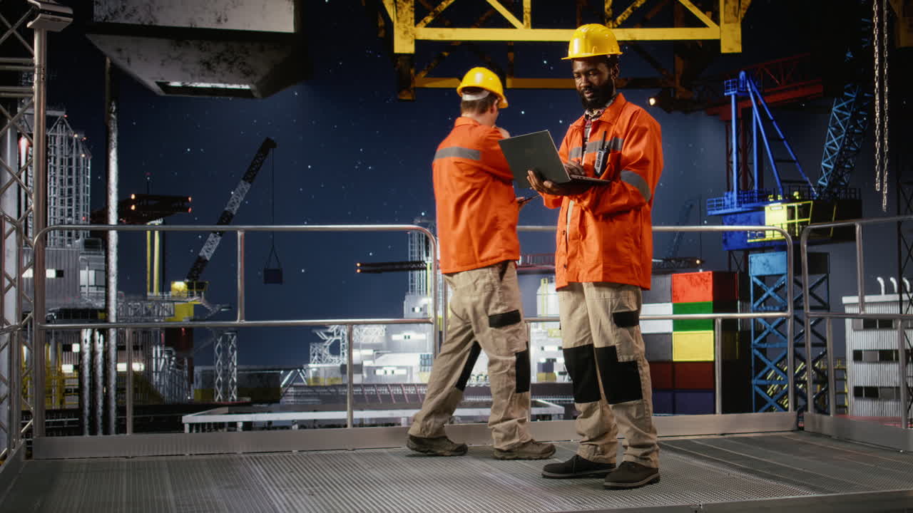 Black offshore workers conduct risk assessment on oil platform at sea