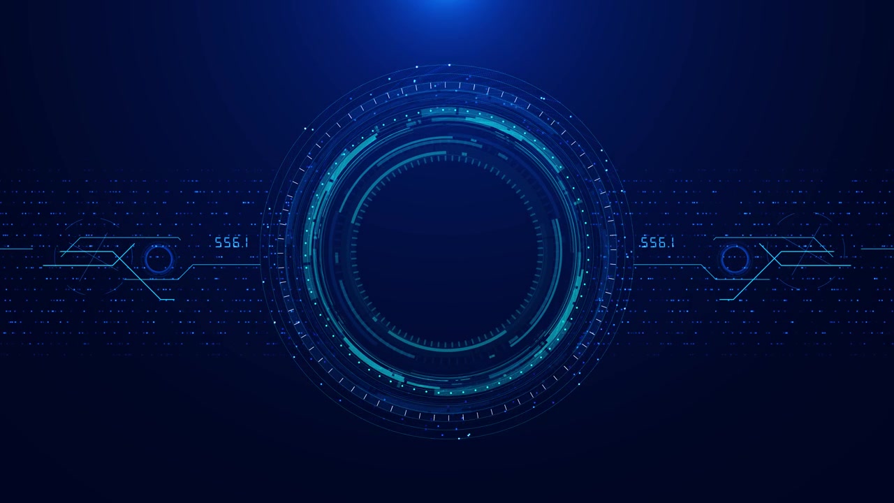 Display futuristico di scanner ad anello blu con segni tecnologici circolari, punti dati luminosi e interfaccia pulita