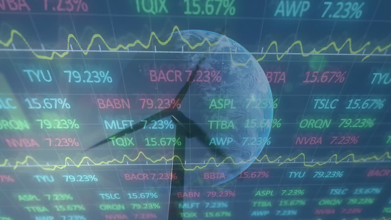 금융 데이터 처리의 애니메이션과 풍력 터빈 위의 지구