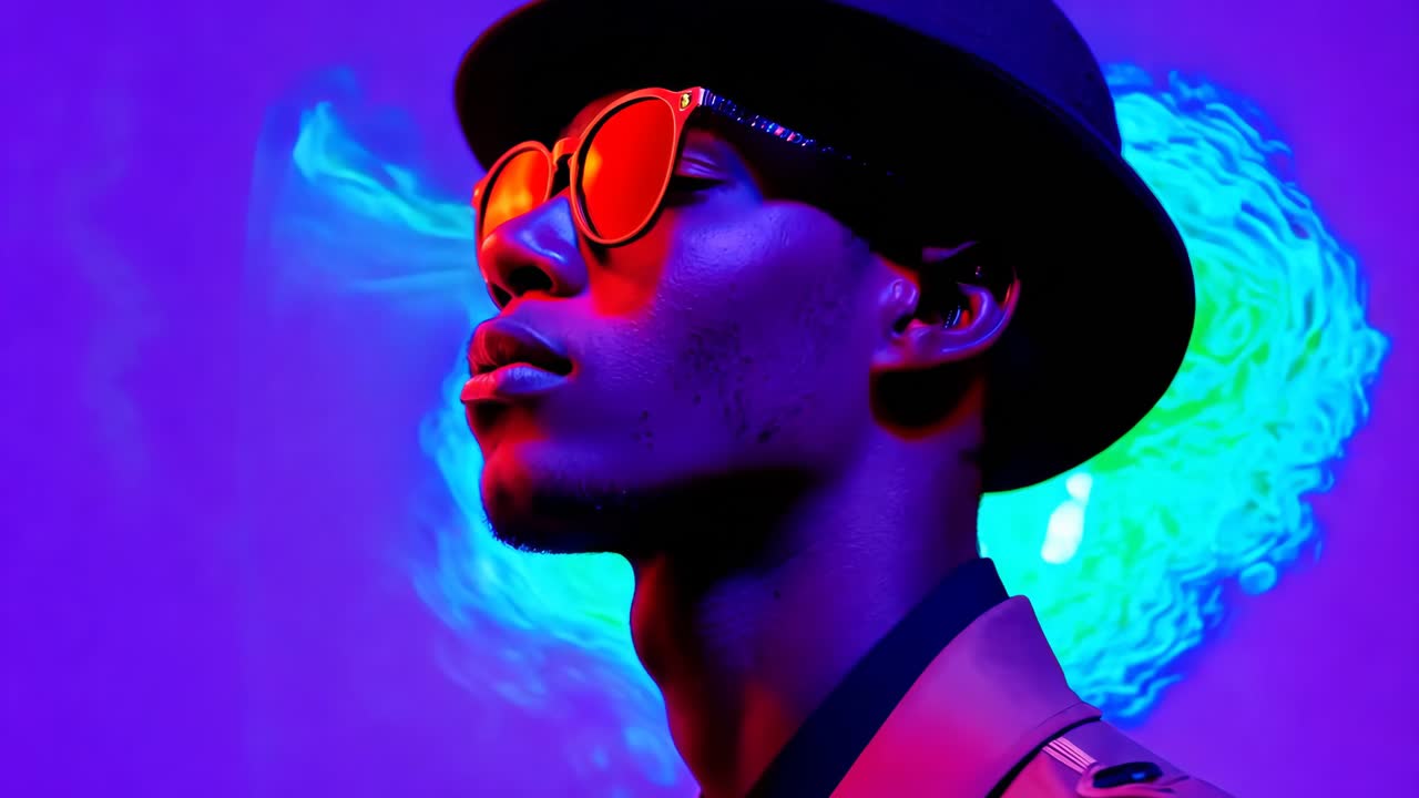 un hombre con un sombrero y gafas de sol frente a un fondo verde y azul