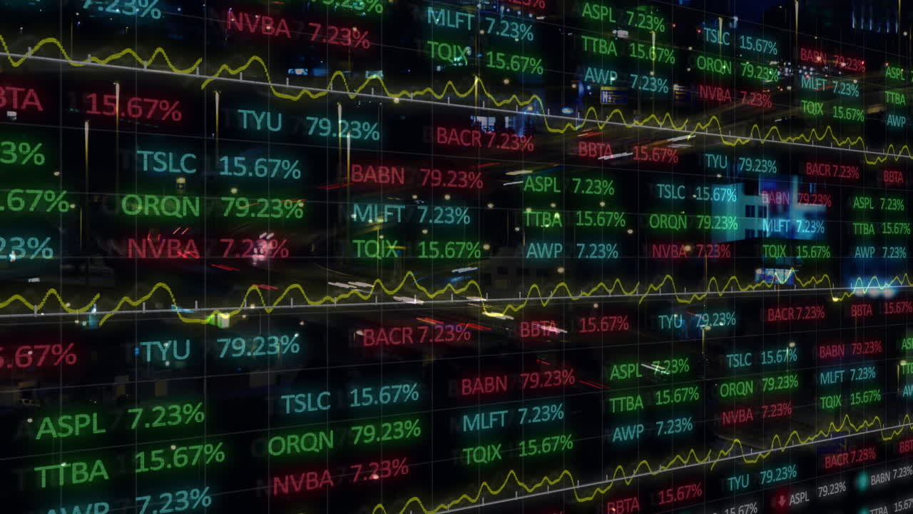 Animazione dell'elaborazione di dati finanziari su un paesaggio urbano
