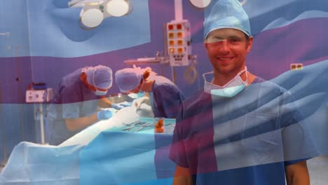 Animation-of-flag-of-england-waving-over-surgeons-in-operating-theatre