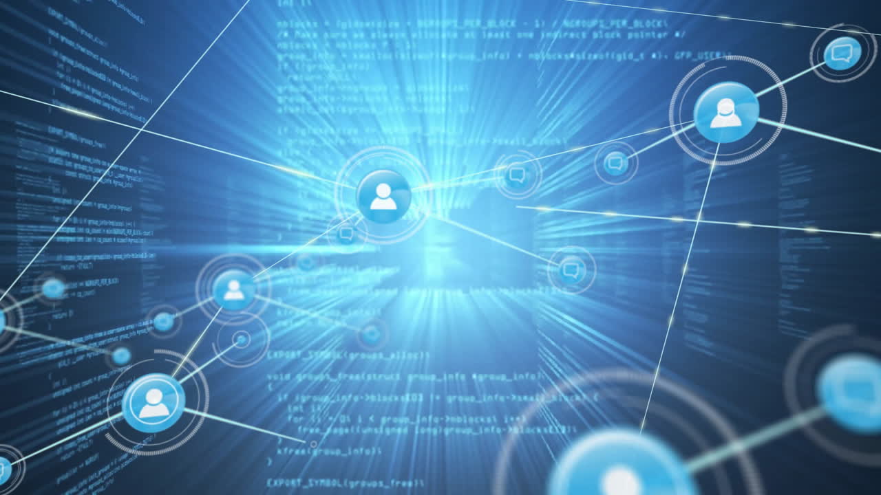 designers exploring tech network visualization with avatar icons, code streams and light beams