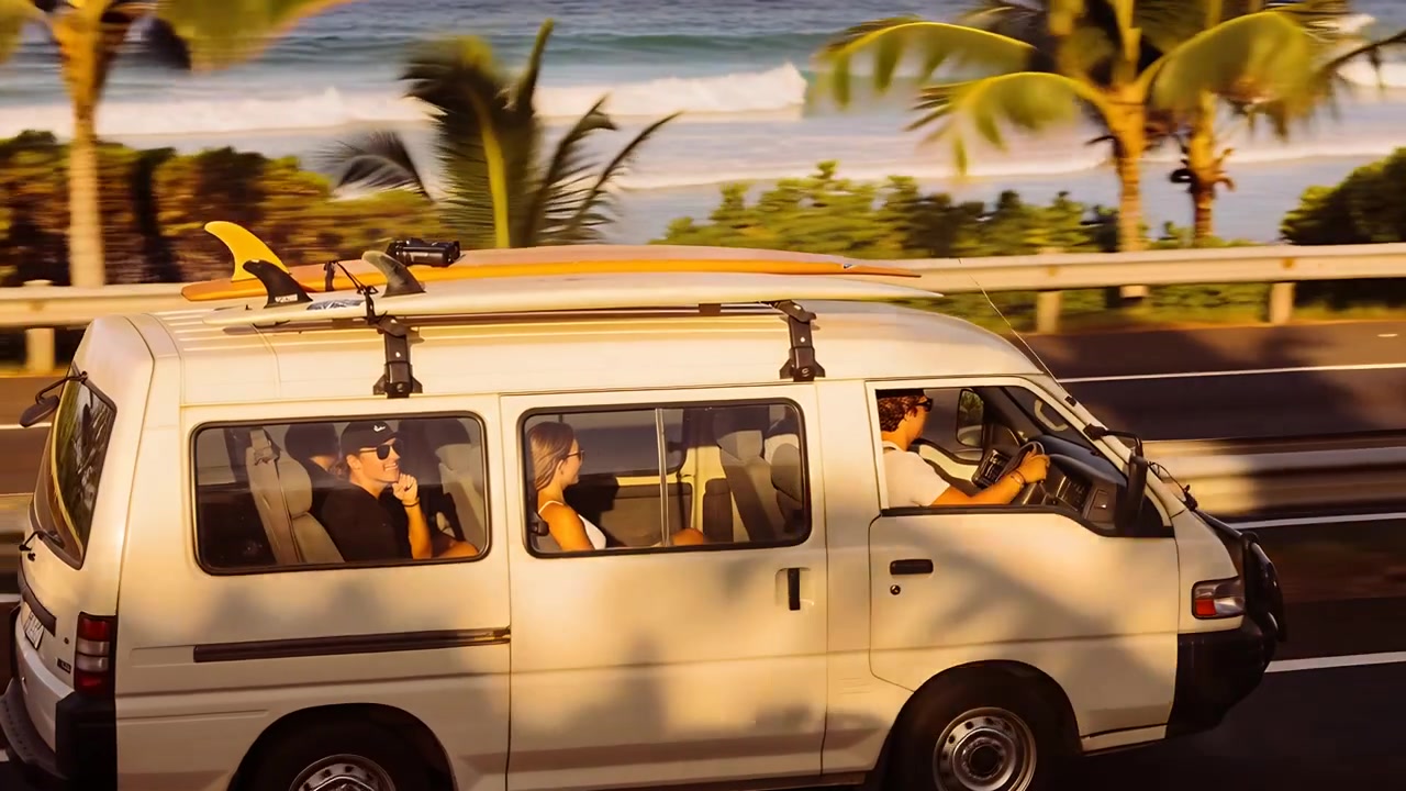 Driving van with surfboards along coast road to surf, camera tracking as van enters
