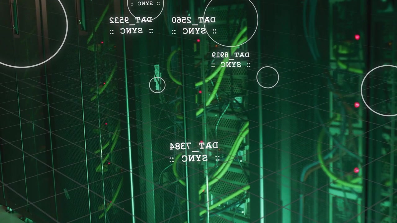 Cam panning data center rack, HUD labels syncing with green or yellow cables, LEDs for monitoring