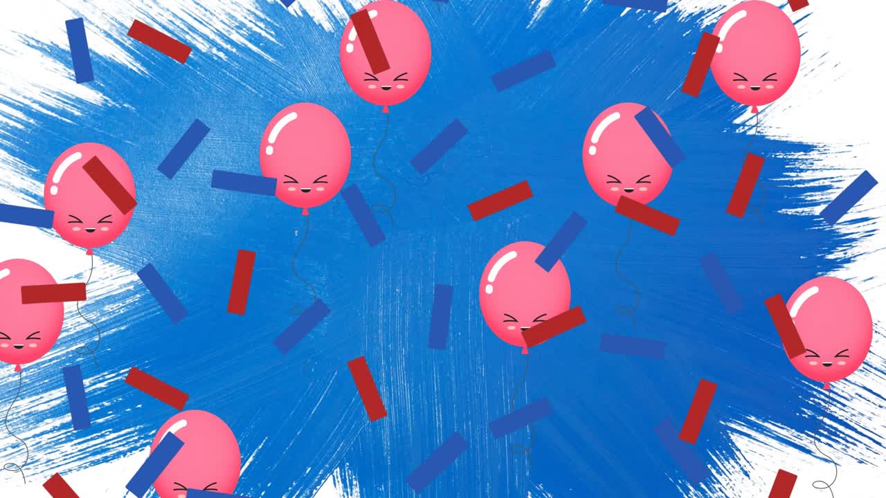 Animação de balões rosa e confetes em fundo azul.