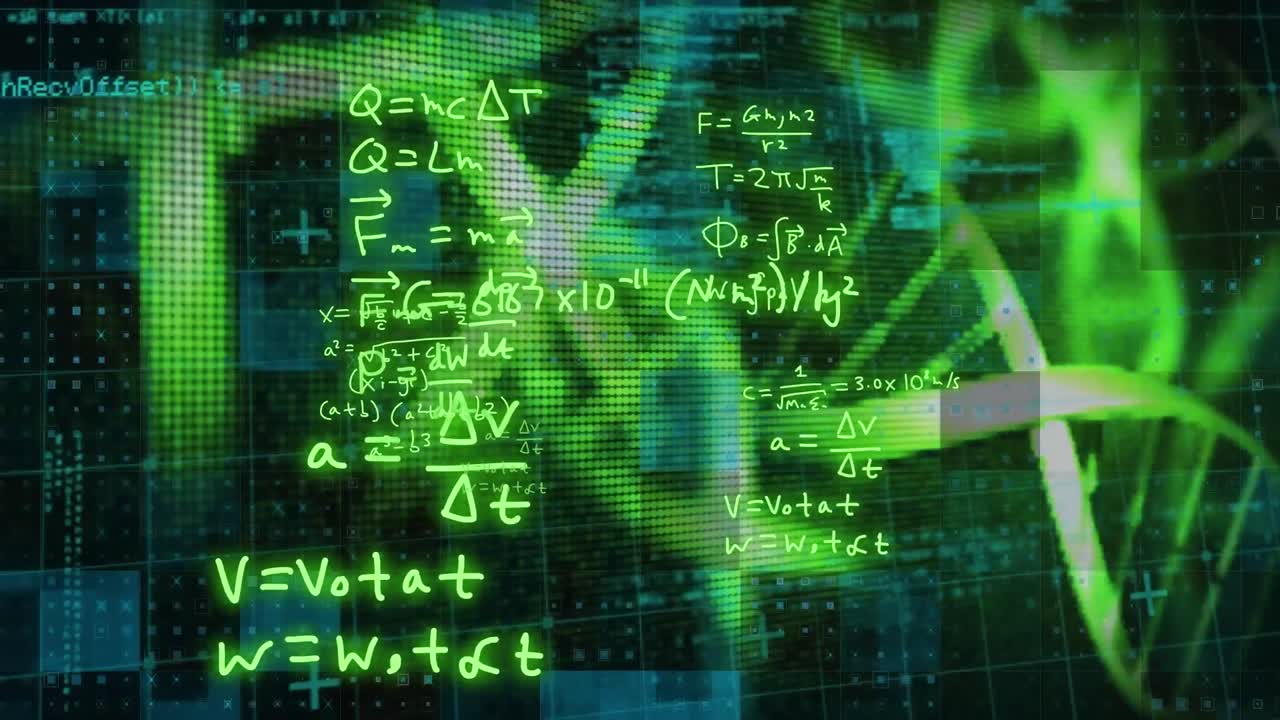 Animation of dna strand, mathematical formulae and scientific data processing over black background