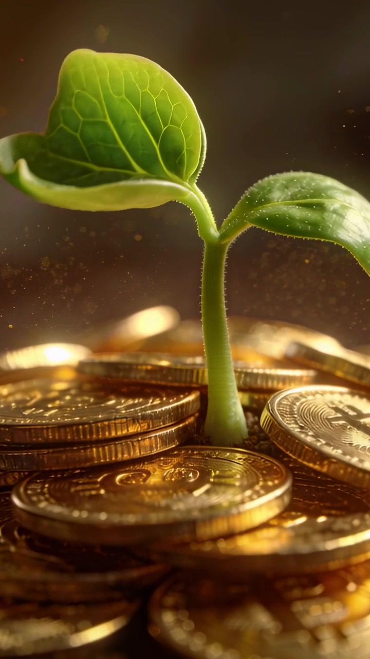 Video vertical: Timelapse mostrando una plántula desplegándose entre monedas de oro en un estudio, evidenciando crecimiento.