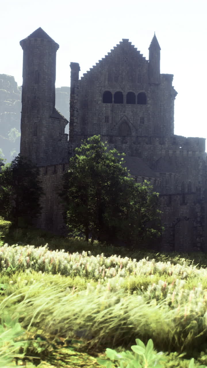 Maestoso castello di pietra si erge sopra campi erbosi dorati in un paesaggio tranquillo
