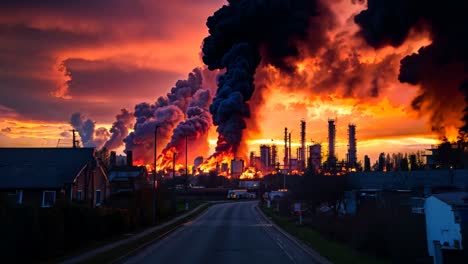 a large industrial area with lots of smoke coming out of the chimneys