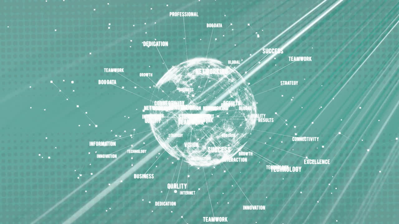 Animation of globe with network of connections with data processing on green background