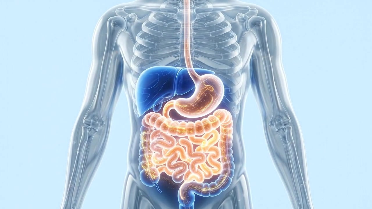 Human Digestive System Anatomy Visualization With Highlighted Gastrointestinal Organs