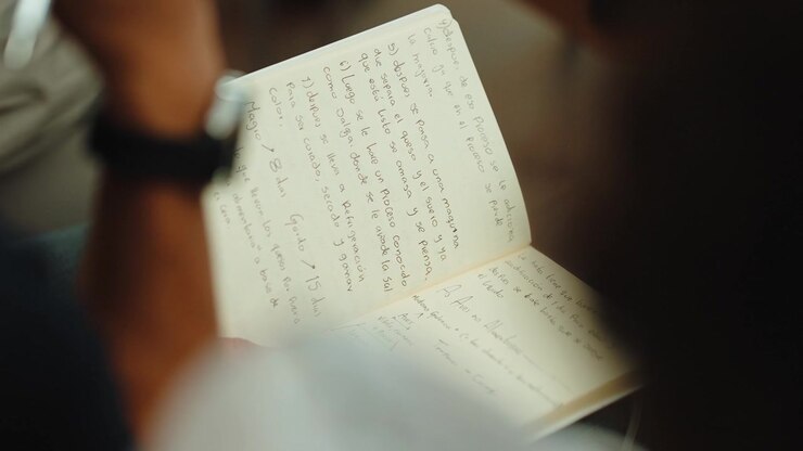 Persona escribiendo o leyendo texto manuscrito en un diario, centrándose en educación, planificación o desarrollo personal.