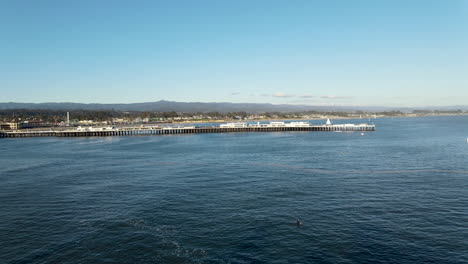 vista aérea del paseo marítimo de santa cruz y la playa de california con surfistas filmados en 4k de alta resolución