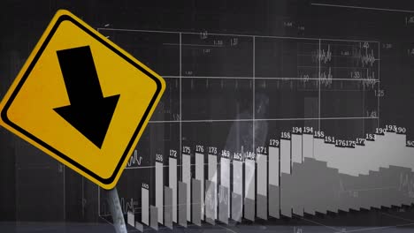 animation of down arrow symbol board over graphs, changing numbers, falling water bottle on ground