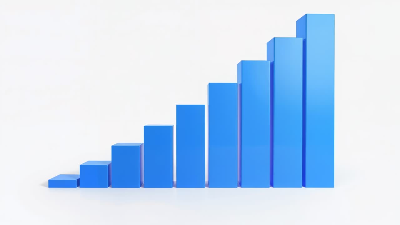 Shifting camera revealing ascending ten blue bars growing in white studio, illustrating growth