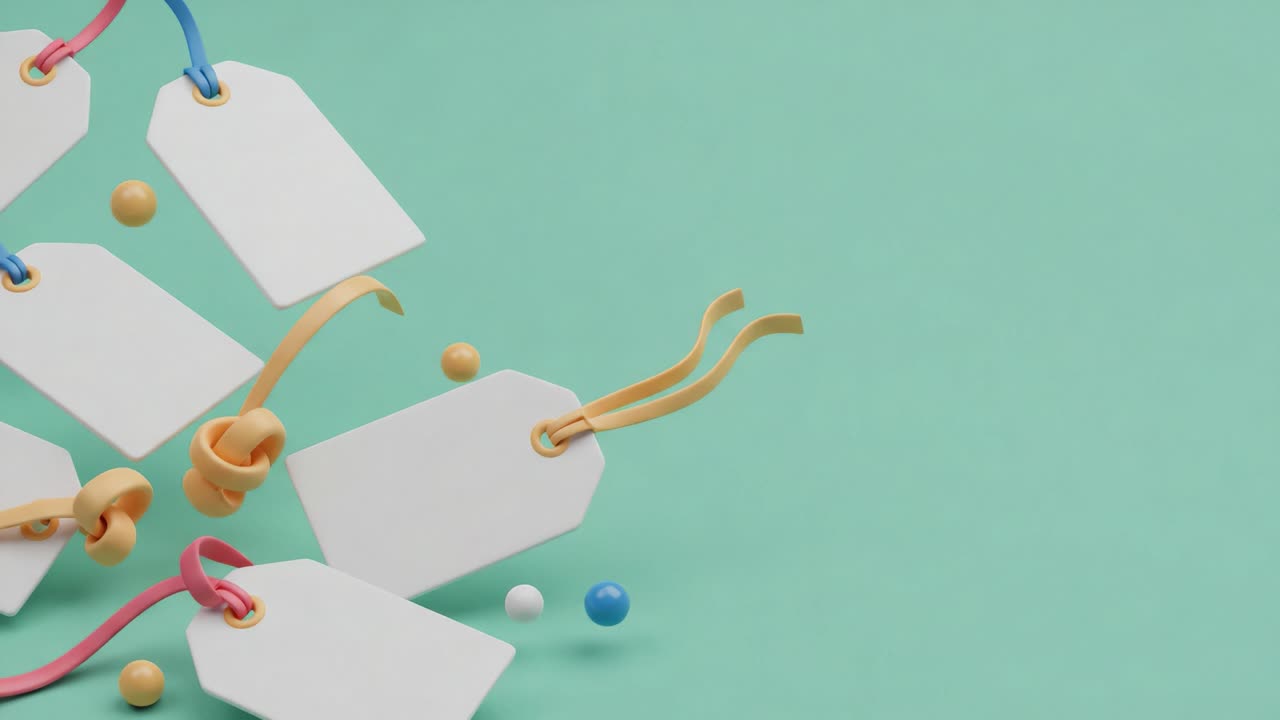 Creative Arrangement of Blank Tags and Colorful Balls on a Vibrant Background, Showcasing an Artistic Display of Labels and Playful Objects for Decorative Inspiration