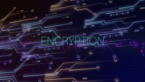 animation of digital data processing and encryption text over dark background