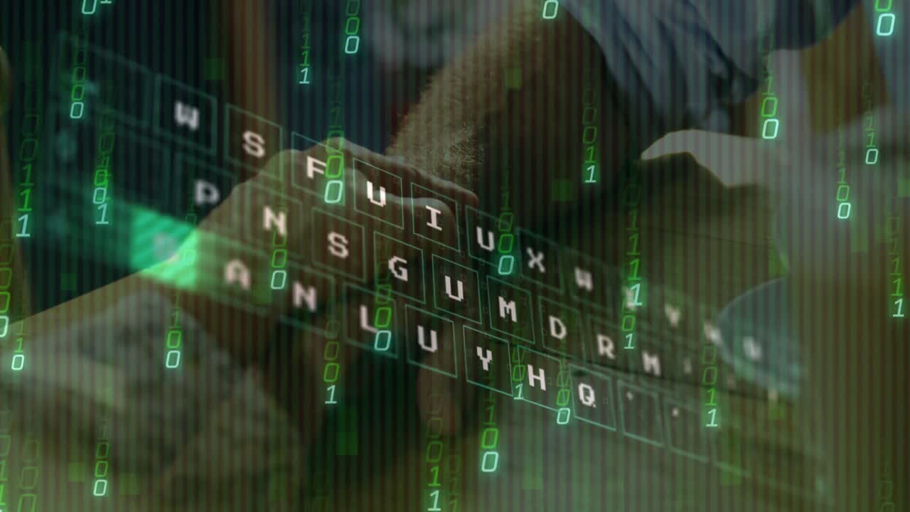 Animation of data processing over mid section of couple showing support by holding hands at a cafe