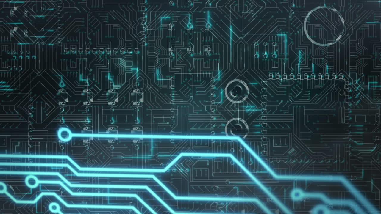 animación del procesamiento de datos en una placa de circuito luminoso de computadora