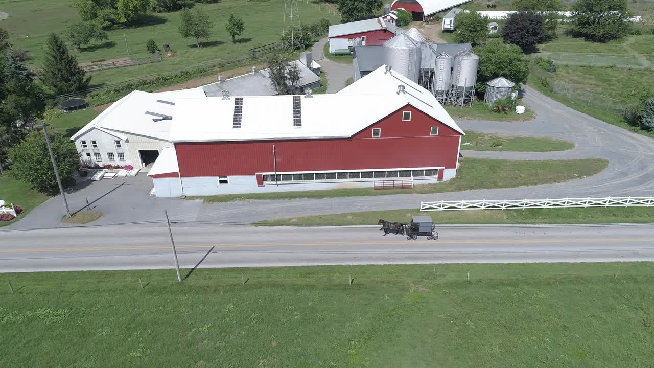 vista aérea de una reunión de la iglesia dominical amish en un día soleado de verano