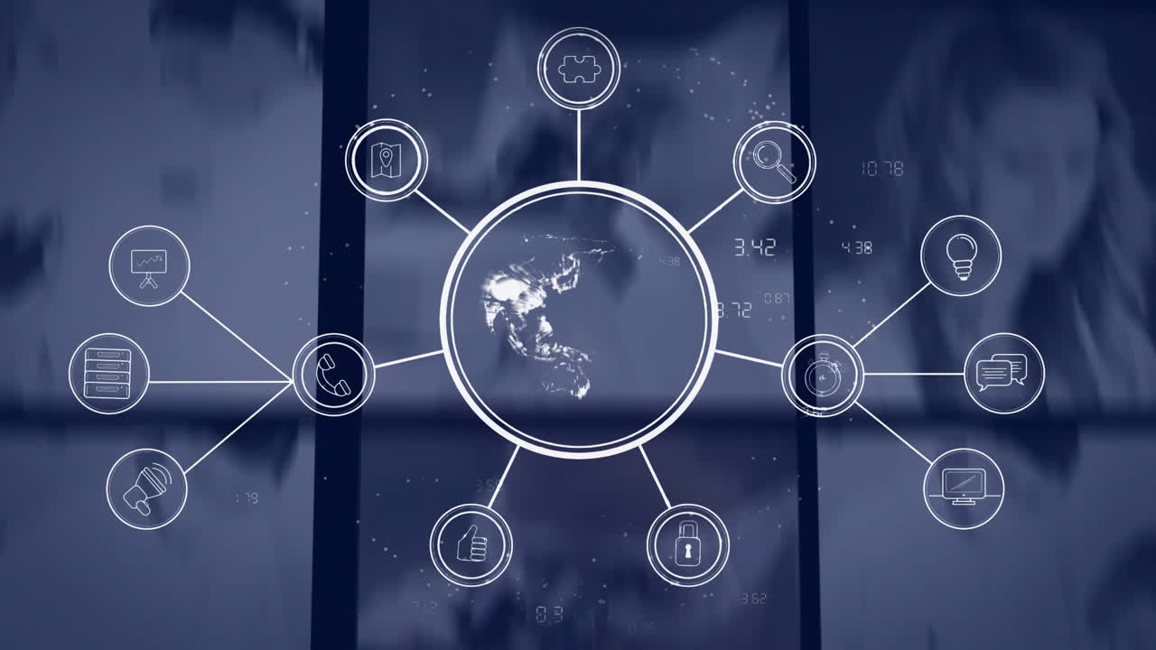 Medical technology icons and data processing animation over healthcare professionals working