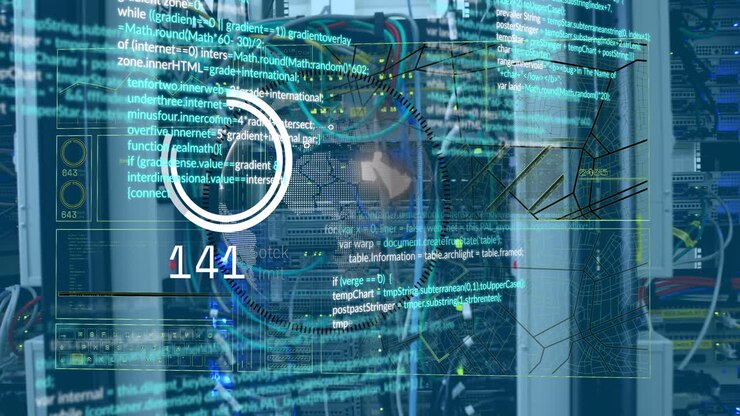 Animation of data processing and globe over server room