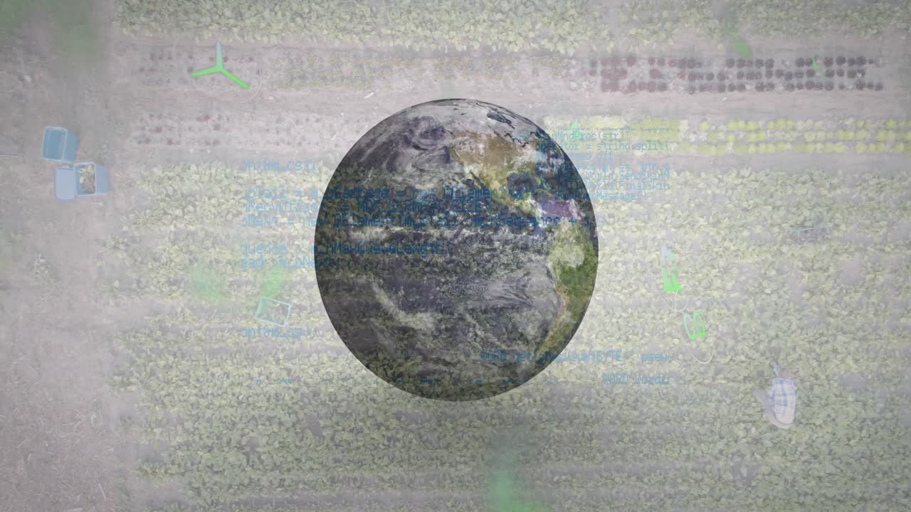 Animazione di elaborazione dati e paesaggio su mappamondo