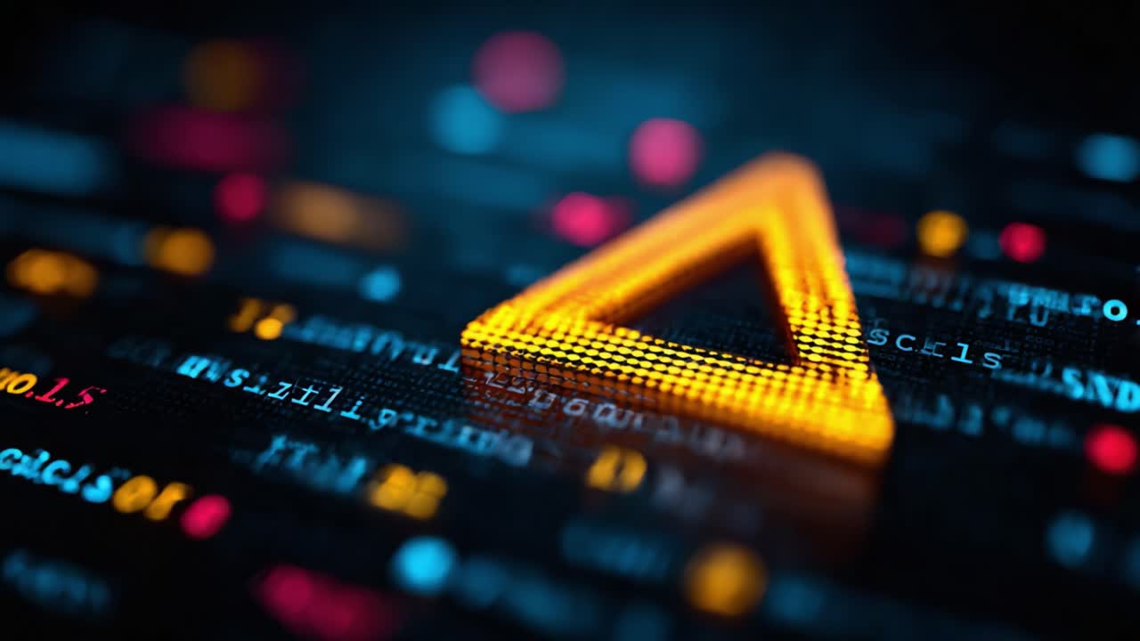 En levende digital repræsentation med en pulserende orange trekant på en baggrund af farverig binær kode, der illustrerer sammensmeltningen af teknologi og abstrakt design