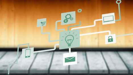 animation of network of connections with icons data processing over wooden boards