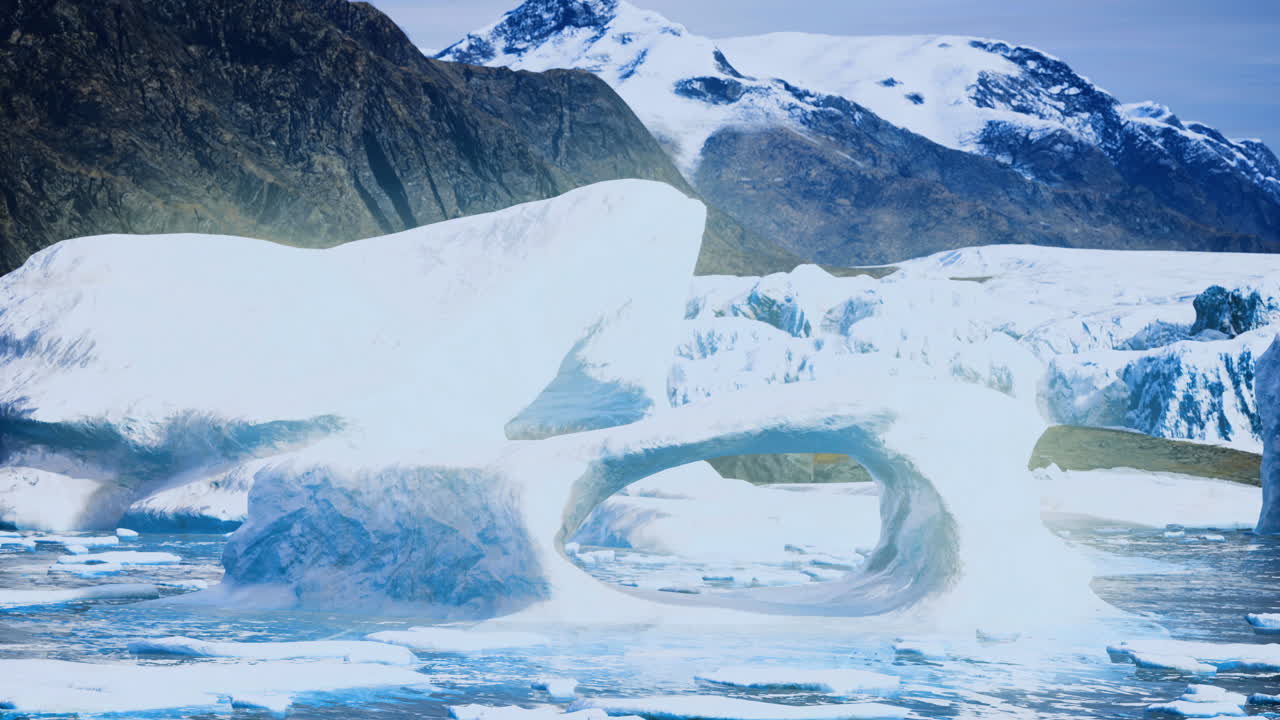 Majestic ice formations and snow capped mountains in a serene landscape